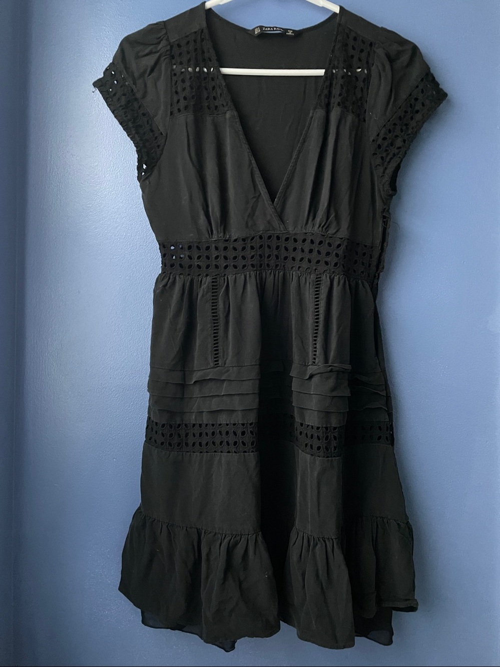 ZARA Basic ruffle black cut out high cotton waist flare cap sleeve floaty dres